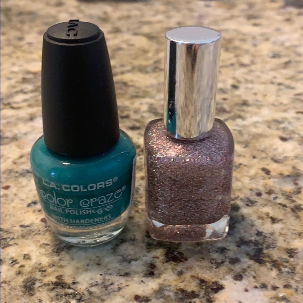 Two nail polishes one blue one glitter